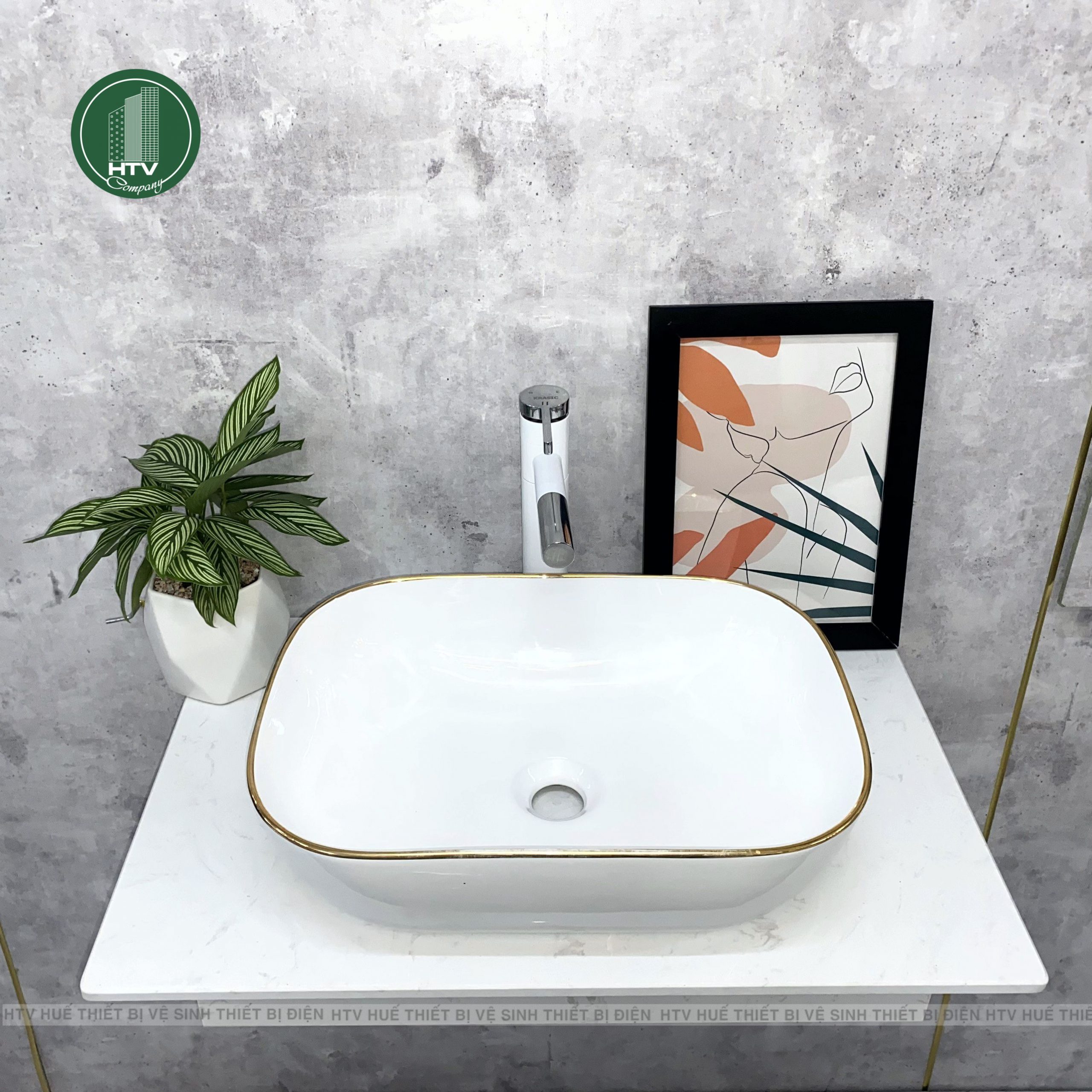 Lavabo để bàn Krasic K-1112 viền vàng sang trọng - HTV Huế - Ảnh 3